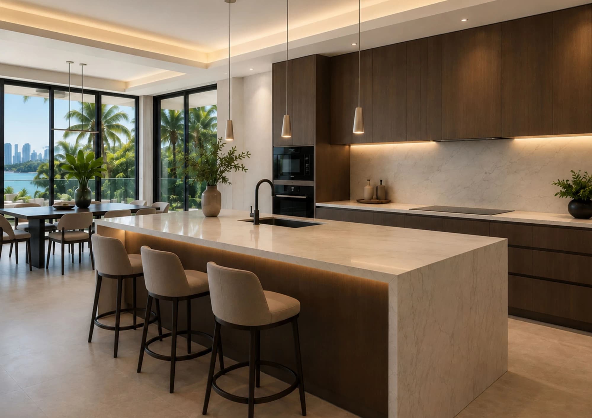contemporary-waterfront-villa-kitchen-with-custom-dark-wood-cabinetry-and-marble-island-barberini-interiors