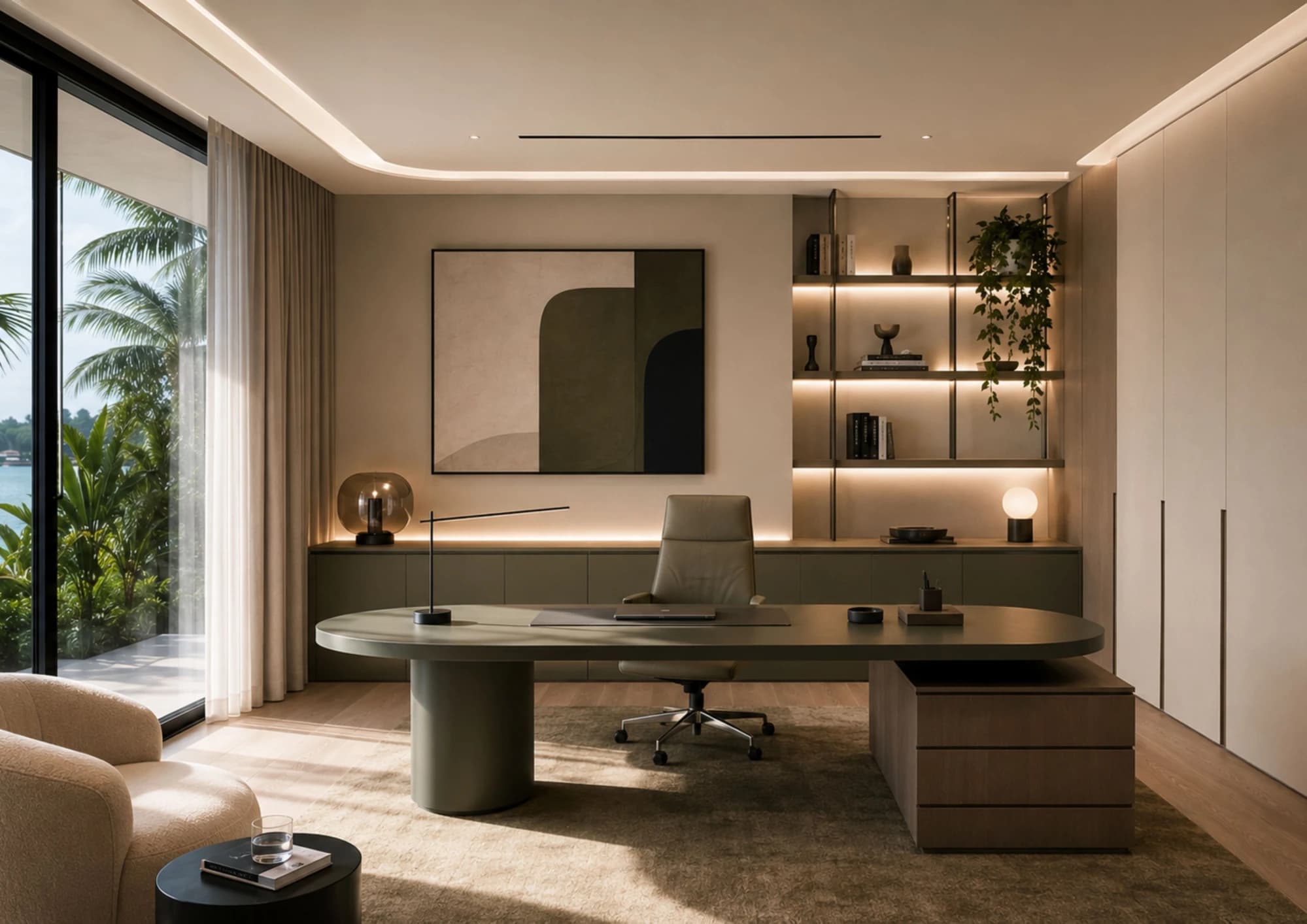 contemporary-home-office-with-bespoke-desk-integrated-lighting-and-waterfront-view-barberini-interiors