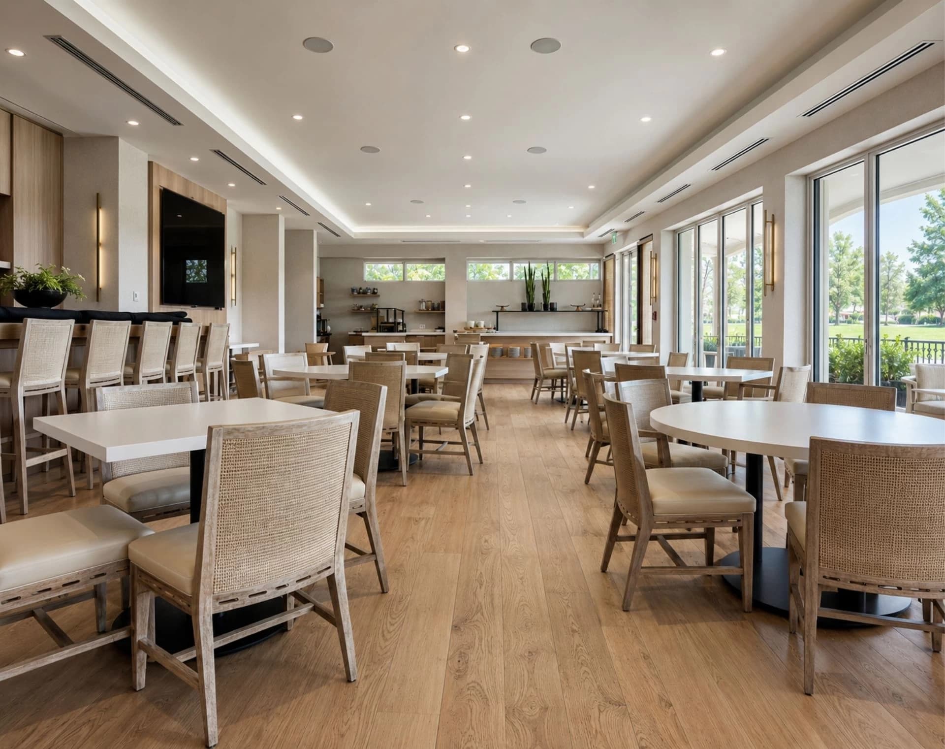 luxury-golf-club-lunch-area-with-wood-flooring-and-large-windows-barberini-interiors